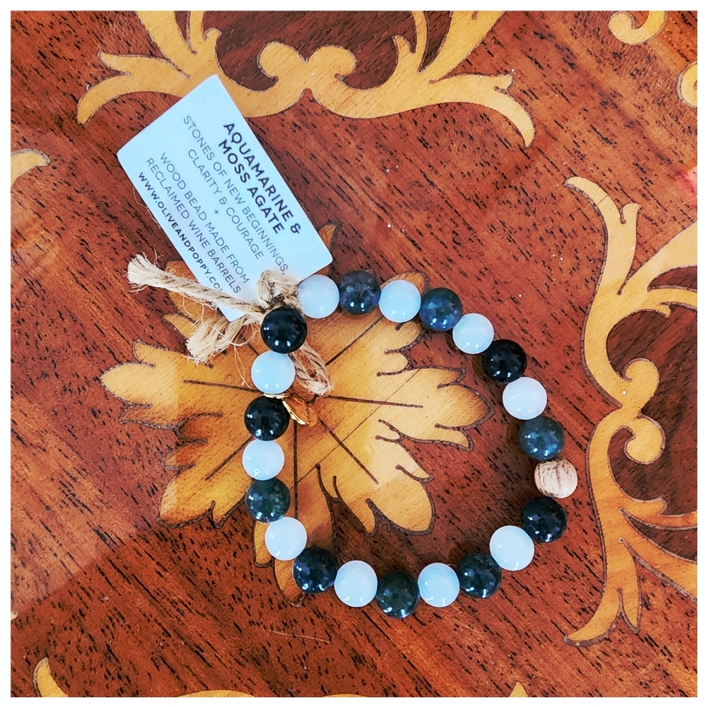 NWT Olive and Poppy Wine Barrel Aquamarine & Moss Agate Bracelet